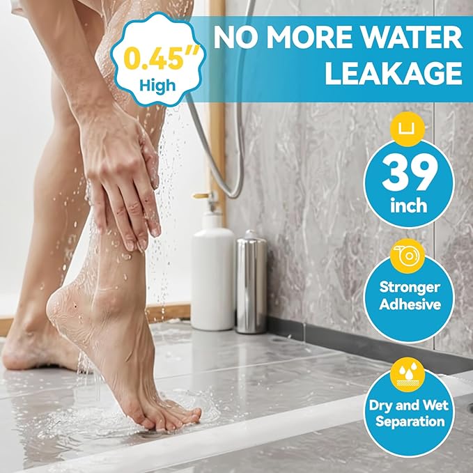 39" Collapsible Shower Threshold Water Dam Shower Barrier Keeps Water Inside Threshold Dry and Wet Separation Retention System Suitable for Bathroom Kitchen Sink Bathtub