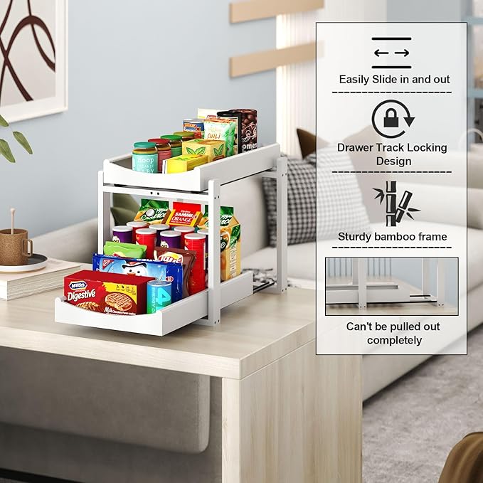 Bamboo Under Sink Organizer and Storage, 2 Pack Pull Out Cabinet Organization, 2 Tier Vertical Slide Out Undersink Storage Shelf, Multi-Purpose Organizer Shelves for Kitchen Bathroom Medicine, White