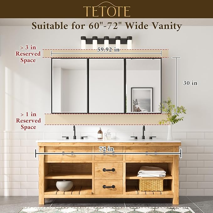 TETOTE 60" x 30" Black Recessed Medicine Cabinets Mirror Bathroom Storage Cabinet Mirror with Adjustable Shelves for Farmhouse Vanity