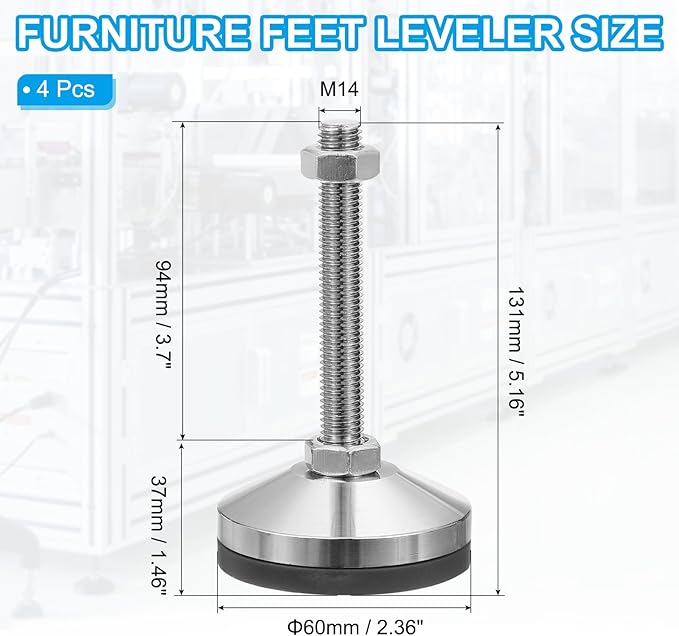 PATIKIL Furniture Leveling Feet 2.4" Dia Base M14 Thread, 4 Pcs Carbon Steel Adjustable Threaded Furniture Levelers Screw on Leg Leveler with Pads for Desk Chair Cabinet, Black