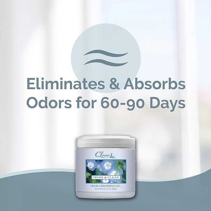 Clear Air Odor Absorber Gel - 15 oz, Pack of 2 - Air Freshener Absorbs and Eliminates Odors in Bathrooms, Cars, Boats, RVs and Pet Areas - Made with Essential Oils - Fresh & Clean Scent
