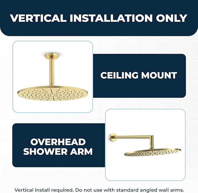 HammerHead Showers® Solid Metal 12 Inch Rainfall Shower Head, Large Rain Shower Head, 2.5 GPM High Flow Shower Head Optimized for Pressure, Wall-Mounted or Ceiling Rain Shower Head, Brushed Gold