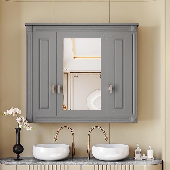 Merax Wall Mounted Bathroom Medicine Cabinet with Mirror, Bathroom Wall Cabinet with Doors and Shelves, 34" x 29" Mirrored Door Over Toilet Storage Cabinet, Black