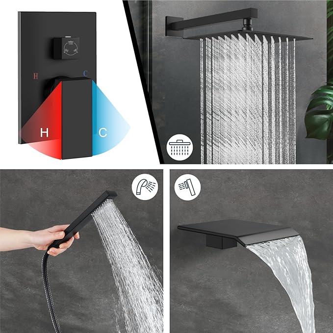 Midanya Rain Shower System with Tub Spout,Tub Shower Faucet Set with rainfall Shower Head and Handheld Spray,Wall Mount Tub Shower Combo Rough-in Valve Included,8 Inch Matte Black