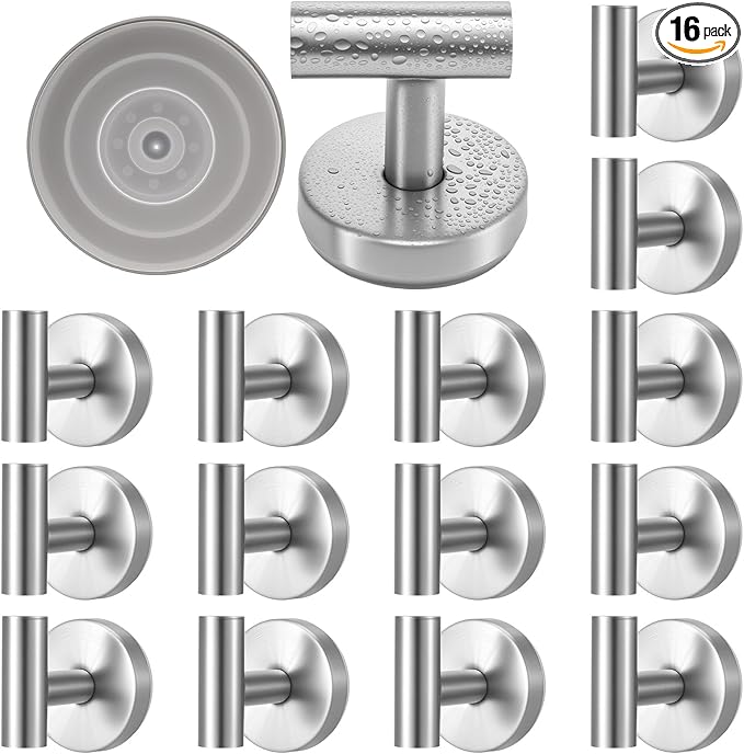 Suction Cup Hook for Shower, 16 Pack Wall Mount Towel Holder, Removable Towel Hook - Stainless Steel No Drill Hook for Bathroom Window Glass Door Wall Home Kitchen Brushed Silver