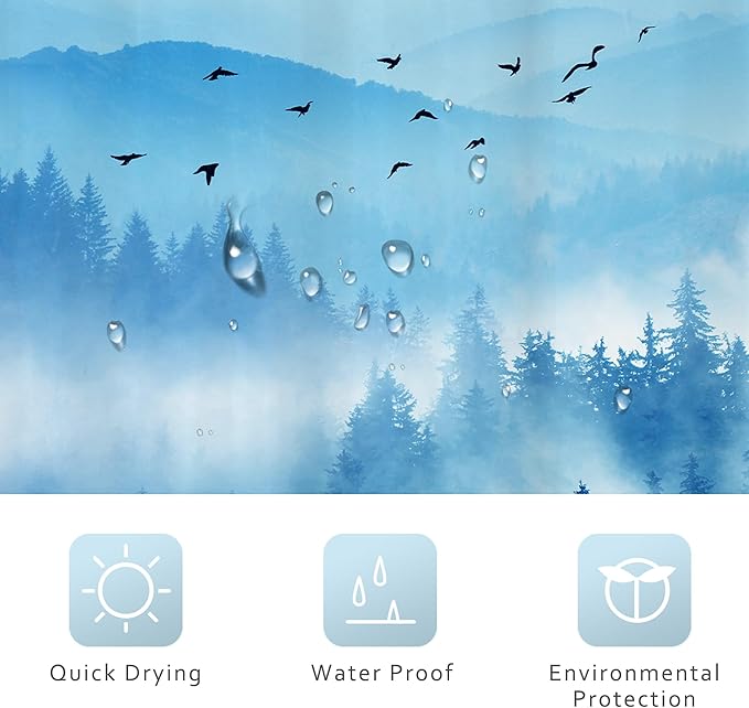 Riyidecor Extra Long Blue Shower Curtain 72Wx78H Inch Foggy Misty Nature Mountain Scene Navy Park View Pine Tree Alpine Natural Botanical Bathroom Decor Fabric Polyester Waterproof 12 Pack Hooks