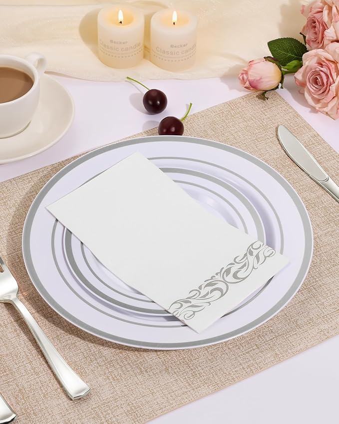 Goodluck 100 Pack 3-Ply Disposable Napkins - Soft & Absorbent Paper Hand Towels for Bathroom Guests, Dinner Party, Kitchen,Christmas， Wedding & Events, Parties - Floral Siliver Trim