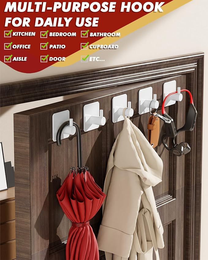 Auxmir Adhesive Hooks Heavy Duty 30lb(Max) Wall Hooks, 5 Pack Self Adhesive Damage Free Towel Rack, Stainless Steel for Coat Robe, Waterproof Oilproof Rustproof for Bathroom Shower Kitchen Office