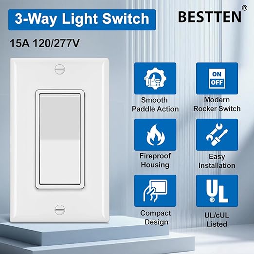 BESTTEN 40 Pack 3-Way Decorator Wall Light Switch, 15A 120V/277V, On/Off Rocker Paddle Wall Switch, Single Pole or Three Way, 3 Wire, w/Wall Plate, Residential and Commercial Grade, UL Listed, White