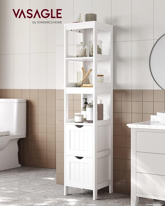 VASAGLE Storage Cabinet, Storage Organizer Rack Stand for Bathroom, Living Room, Bedroom, Multifunctional Corner Unit, 2 Drawers, 55.7 Inches in Height, White UBBC66WT