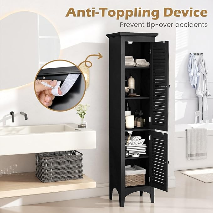 Tangkula 63" Tall Bathroom Storage Cabinet, Freestanding Narrow Linen Tower with Adjustable Shelf, Modern Slim Floor Cabinet with 2 Doors for Bathroom, Living Room, Kitchen (Black)