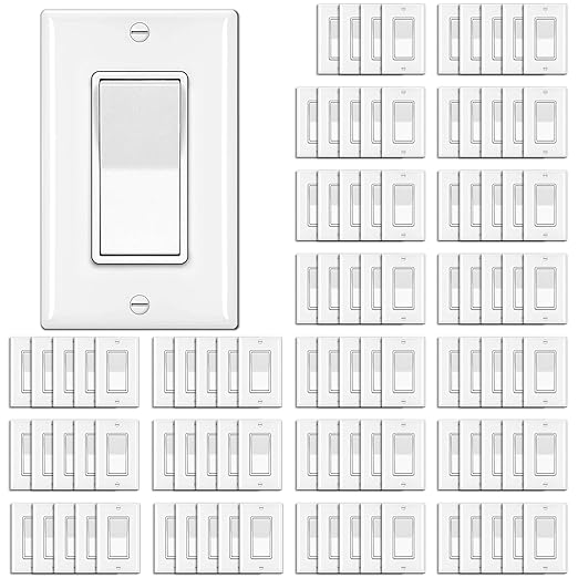 BESTTEN 100 Pack Single Pole Decorator Wall Light Switch with Wall Plate, 15A 120/277V, On/Off Rocker Paddle Interrupter for LED and Other Lamps, UL Listed, White