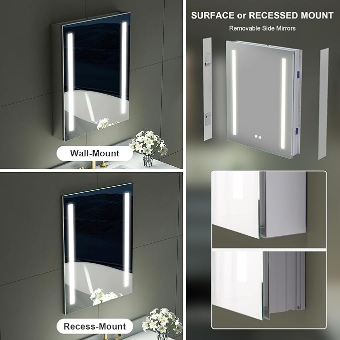WELLFOR 24" X 30" LED Medicine Cabinet with Mirror, Single Right Opening Door, Recessed or Surface Cabinet Mirror, Bathroom Mirror Cabinet, Medicine Cabinet with Lights with Outlets & USB Ports