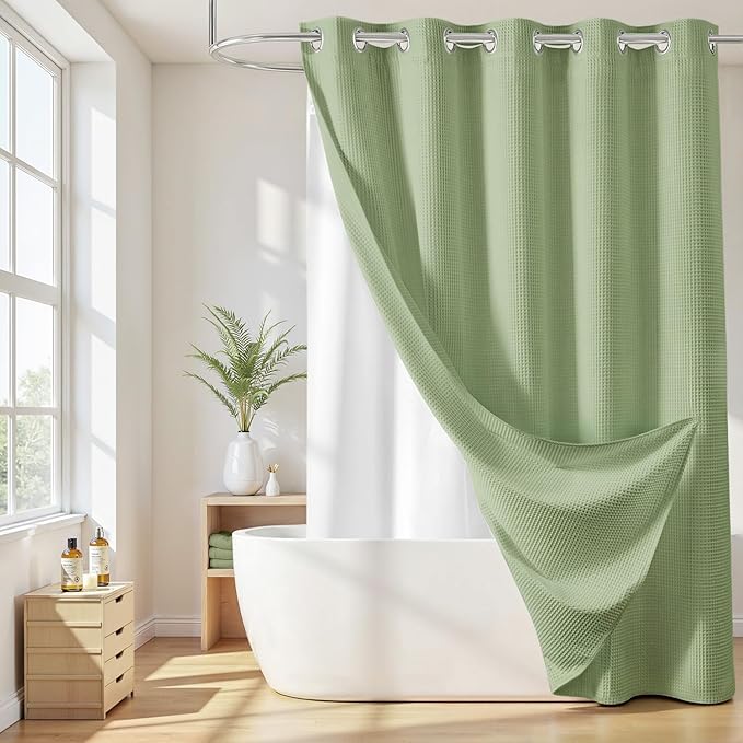 River Dream Sage Green Cotton Blend Shower Curtain with Snap in Liner, No Hook Shower Curtains for Bathroom, Hotel Grade, Water Repellent, 71" W x74 L