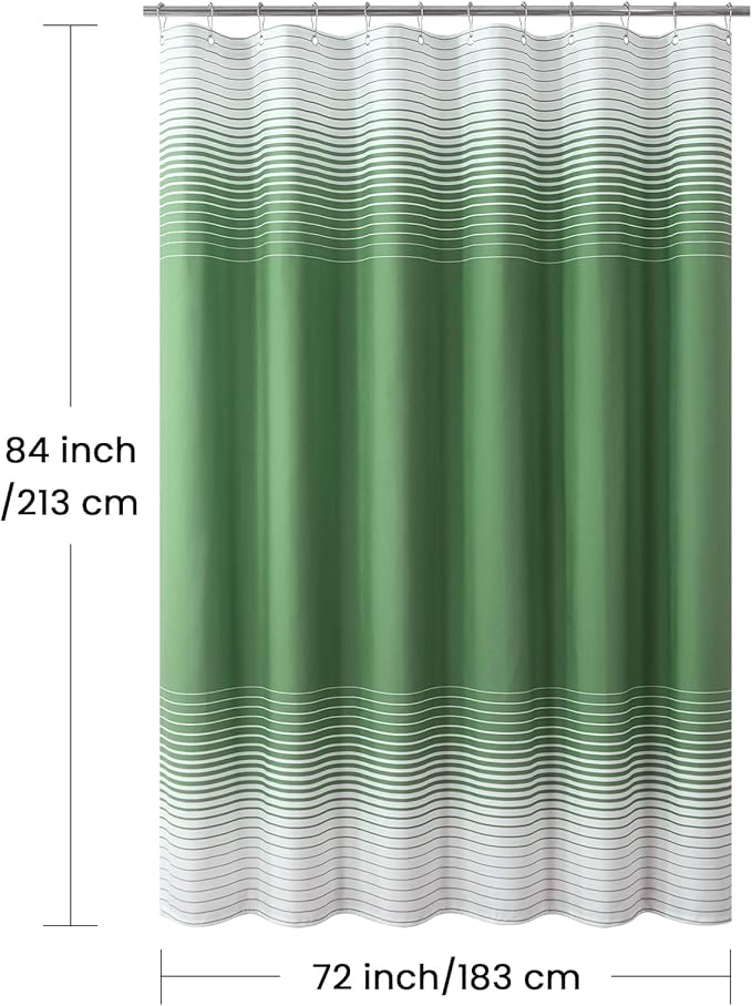 Extra Long Green Shower Curtain, Sage Green and White Gradient Horizontal Stripe Waterproof Polyester Shower Curtains for Bathroom, 72x84 Inches