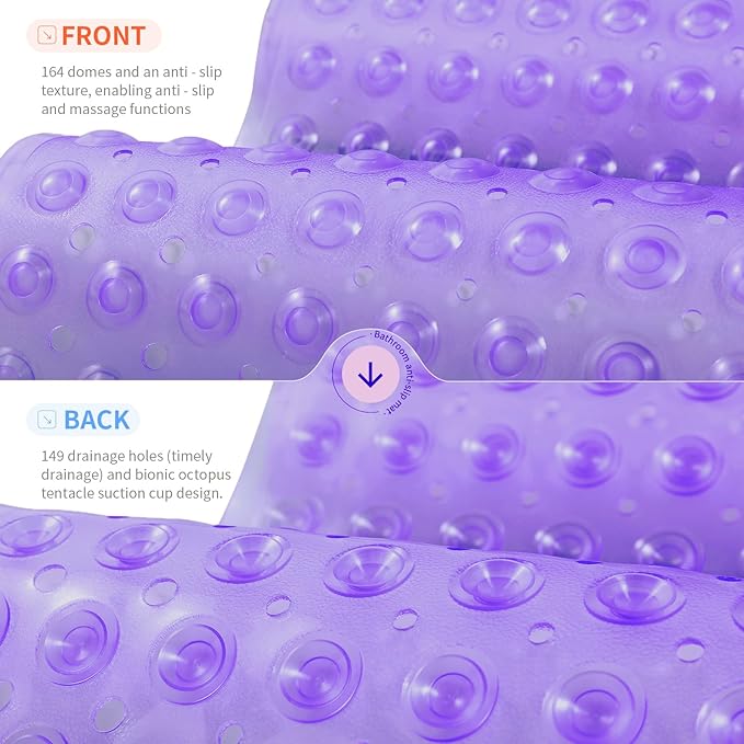 Anti-Slip Bathtub Shower mat, 20.8×20.8（Approximately 53×53cm） inch Soft Oversized Machine Washable Non-Slip Bathtub mat with Drainage Holes, Bathroom Floor Suction Cup.（1- Clear Purple）
