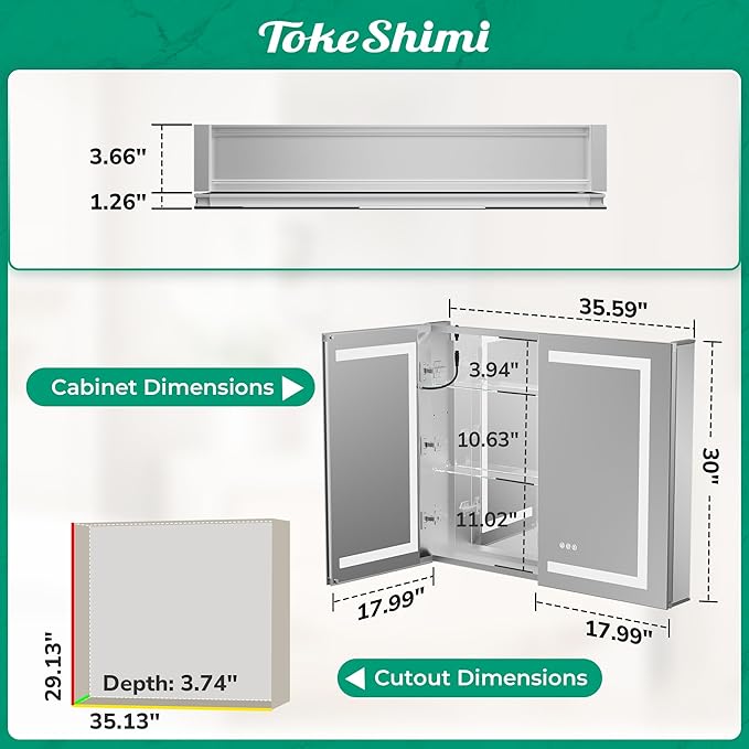 TokeShimi 36x30 Led Mirrored Medicine Cabinet Recessed for Bathroom Vanity, 3 Color Dimmable Medicine Cabinet with Mirror Lighted and Defogger,2-Side Fornt Lit Bathroom Mirror with Storage,2 Sockets
