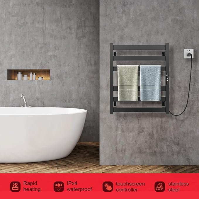 Towel Warmer,Stainless Steel Towel Warmer Rack for Bathroom -6 Bars Wall Mounted Towel Heater with Intelligent Touch Screen Timer, Hard Wired/Plug-in, Black