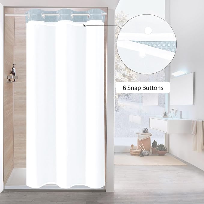 MitoVilla Blue Waffle Small Stall Shower Curtain Liner Set 36 x 74, No Hooks Required Half Size Narrow Fabric Cloth Shower Curtain Set with Snap-in Liner for Modern Bathroom Decor, Fog Blue