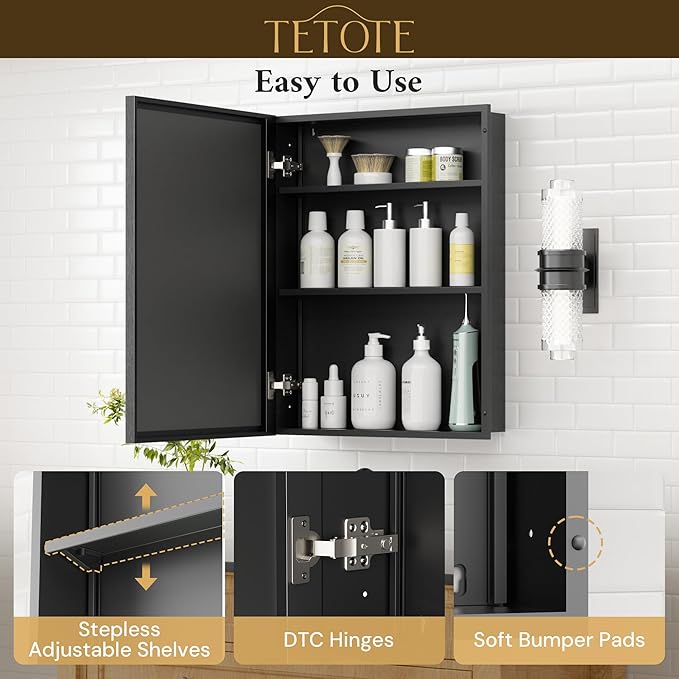 TETOTE 60" x 30" Black Recessed Medicine Cabinets Mirror Bathroom Storage Cabinet Mirror with Adjustable Shelves for Farmhouse Vanity