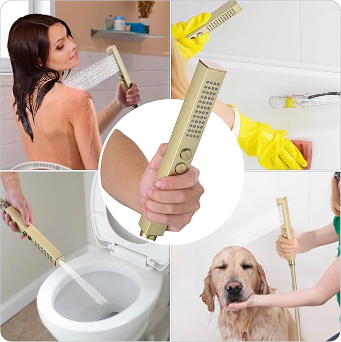 All-Metal High Pressure Square Handheld Shower Head with Jet Spray and Rainfall Modes, Volume Control Regulator, ON/OFF Switch, Hose and Wall Mounted Adjustable Bracket, Brushed Gold Color