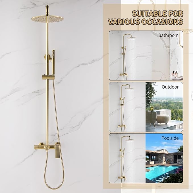 Exposed Shower System with Rain Shower and Handheld Sprayer, Outdoor Shower Fixture with Tub Spout, Rainfall Showerhead Faucet Combo Set for Bathroom Height Adjustable Shower Mixer Brushed Gold