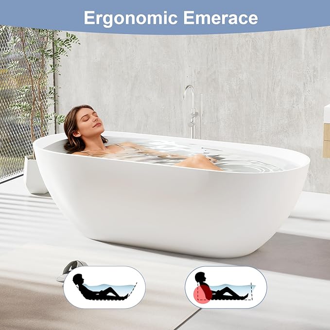59 Inch Solid Surface Freestanding Bathtub, Oval Shaped Soaking Stone Resin Bath Tub with Brushed Overflow and Drain, Matte White Stand Alone Bathtub, cUPC Certified