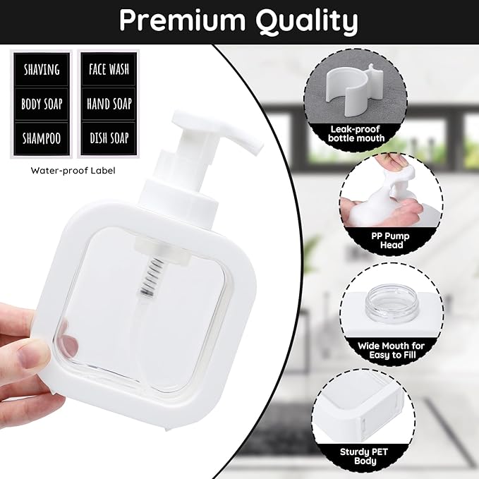 Segbeauty 10.1oz Foam Hand Soap Dispenser, 4pcs 300ml Square Liquid Soap Dispenser White Foaming Pump Bottles for Kitchen Dish Cleaning, Plastic Body Soap Shampoo Shower Bath Foamer Bottle with Labels