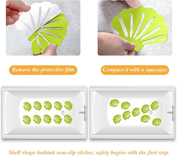 30 Pcs Non Slip Bathtub Stickers Green Adhesive Decals Sea Shell Shape Shower Stickers for Floor, Ladders, Bath Tub, Stairs, Bathroom