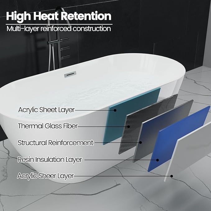 59" Acrylic Freestanding Bathtub, Modern Deep Soaking Tub, cUPC Certified Free Standing Tub, Chrome Drain/Overflow, White Acrylic, Flora White