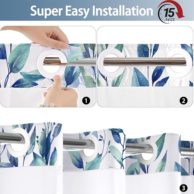No Hook Shower Curtain and Liner Set, Blue Eucalyptus Floral Shower Curtains for Bathroom, Bath Curtain Sets with Snap in Liner, Waterproof with See Through Top Window, 54x80 Inches