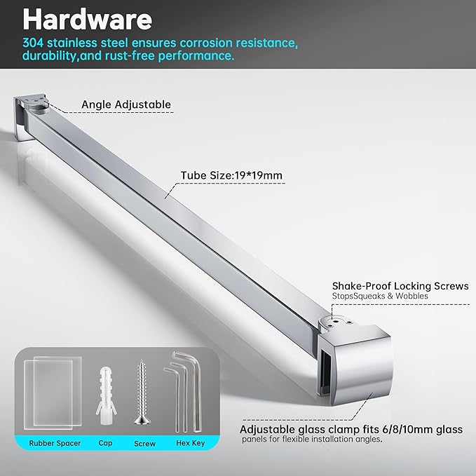 Frameless Shower Door Support Bar, Stainless Steel Wall-to-Glass Support Arm to Fixed Shower Glass Panel, for 1/4"-3/8" (6-10 mm) Door, 180° Pivot & Stow-Flat Mode (Chrome, 35.4-inch(900mm))