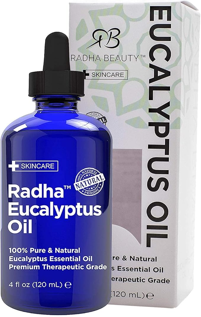 Radha Beauty Eucalyptus Essential Oil 4 oz - 100% Pure & Therapeutic Grade, Steam Distilled for Aromatherapy, Relaxation, Shower, Sauna, Bath, Steam Room and Other DIY Projects.