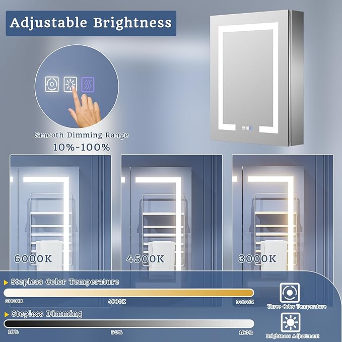 ExBrite Lighted Medicine Cabinet with Mirror, 20 x 26 Inch, Recessed or Surface led Medicine Cabinet, Defog, Stepless Dimming,Color Temperature Change,2 Outlets,Built-in 6000K Sensor Light,Left Hinge