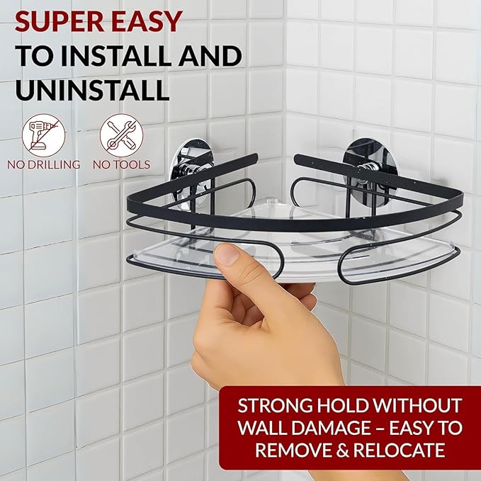 2-Pack Corner Shower Caddy – Rust-Resistant Wall-Mounted Bathroom Organizer with Included No-Drill Adhesives for Shampoo, Soap & Toiletries - Black (1-Layer, Triangle)