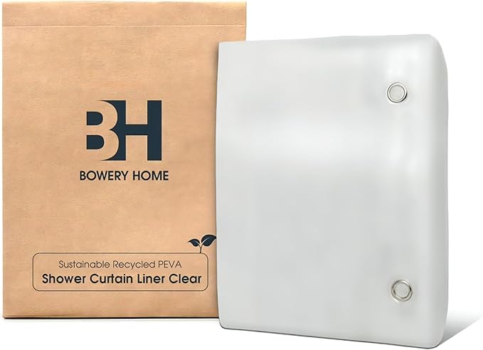Bowery Home NOT Made in China Eco-Friendly Recycled PEVA Shower Curtain Liner – Waterproof, Sustainable, Non-Toxic Shower Curtain Liner, with Rust-Proof Grommets, 72x72IN, 8G – Clear