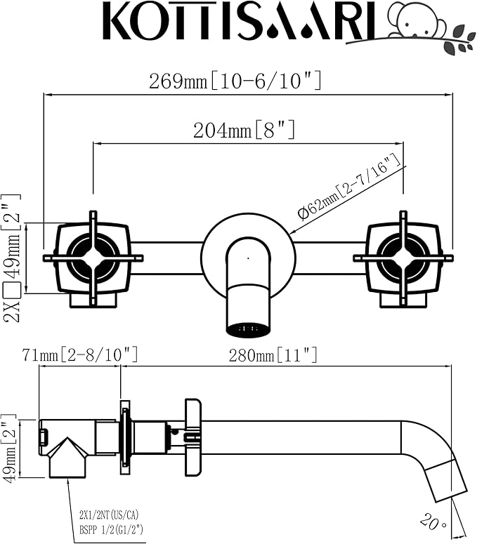 Wall Mount Tub Filler,Two Cross Handle Bathtub Faucet,Extra Long Spout Reach with High Water Flow,Brass Rough in Valve Included,Oil Rubbed Bronze