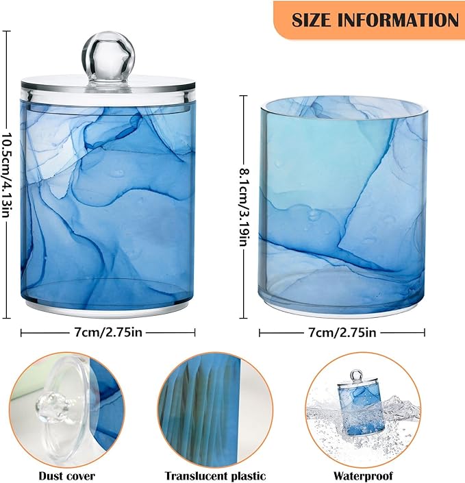 MNSRUU 2 Pack Qtip Holder Organizer Dispenser Blue Marble Fluid Art Bathroom Storage Canister Cotton Ball Holder Bathroom Containers for Cotton Swabs/Pads/Floss