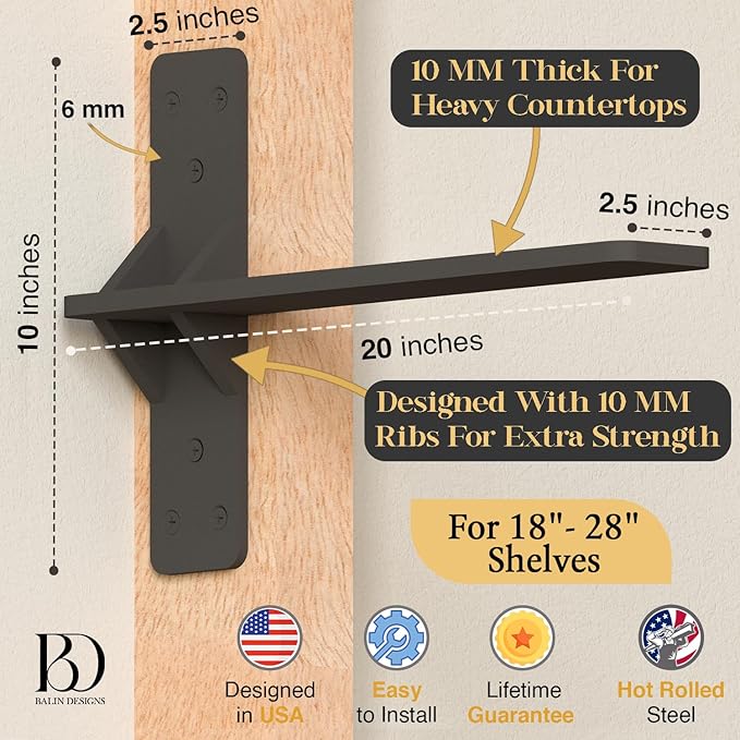 20 inch Floating Countertop Support Brackets by Balin Designs, Free Hanging Floating Shelf Brackets Heavy Duty, Invisible Wall Shower Bench T Support for Vanities, Granite Countertops, (2 Pack)