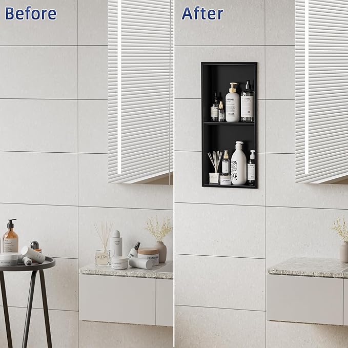 No Tile Needed Shower Niche - 12.75"x24.75"(Inner Size 12"X24") 304 Stainless Steel Recessed Bathroom Shelf, 2-Tier Waterproof Organizer Over Mount Cabinet for Shower Storage, Matte Black