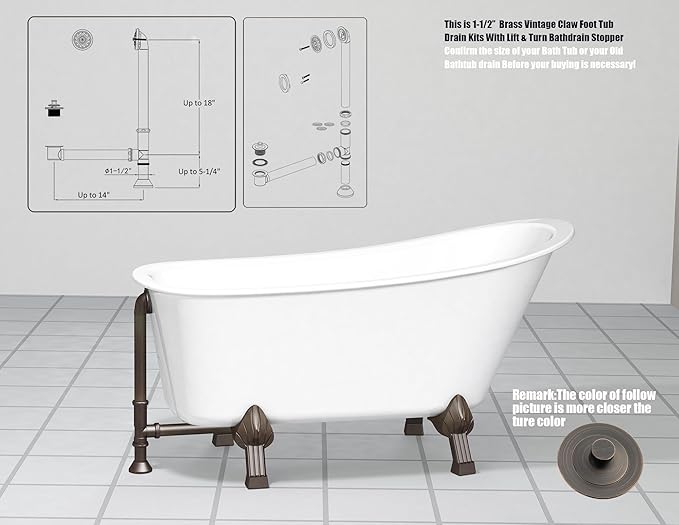Artiwell Vintage Claw Foot Tub Drain Kit with Lift and Turn Bath Drain Stopper, 1-1/2" Brass Tubular Leg Tub Bathtub Waste and Overflow Drain Assembly with Drain Plug and Bathtub Overflow Cover