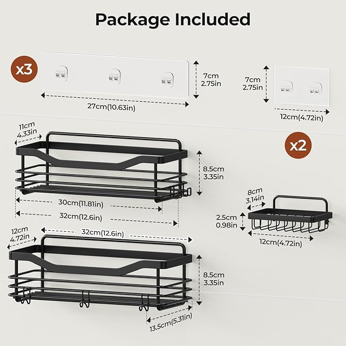 Orimade Shower Caddy Basket Soap Dish Holder Shelf with 5 Hooks Bathroom Organizer Shelf Kitchen Storage Rack Wall Mounted Adhesive No Drilling SUS304 Stainless Steel - 3 Pack,Black