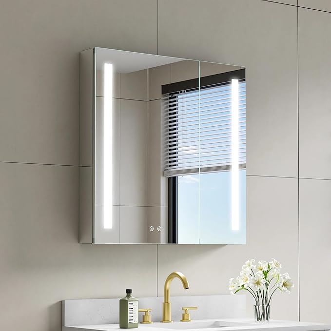 WELLFOR 30" X 30" LED Medicine Cabinet with Mirror, Double Opening Door, Recessed or Surface Cabinet Mirror, Bathroom Mirror Cabinet, Medicine Cabinet with Lights with Outlets & USB Ports