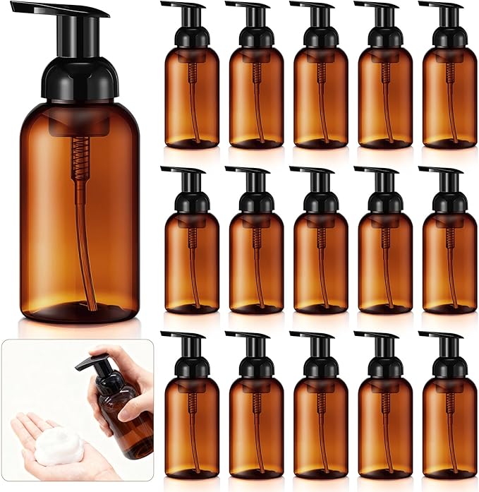 Uiifan 16 Pcs 10 oz Amber Foaming Soap Dispenser Refillable Foam Pump Bottle Liquid Plastic Container for Kitchen Bathroom Commercial Concentrated or Regular Shampoo Body Wash Dish Liquid Soap