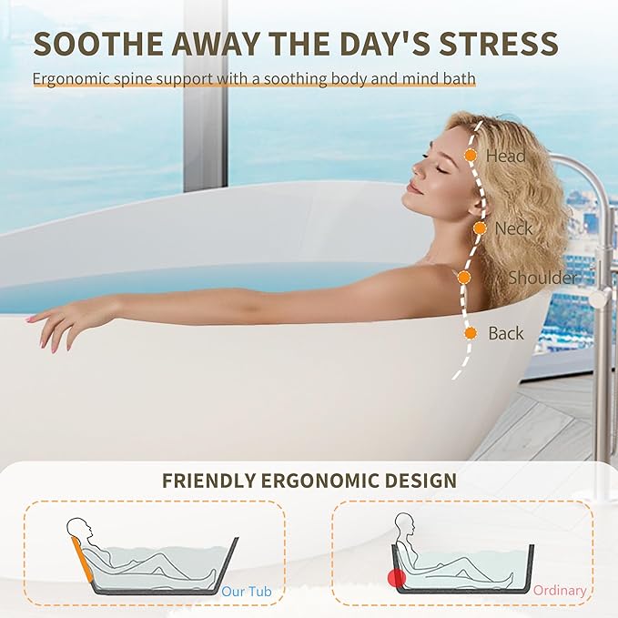 63" Freestanding Solid Surface Bathtub - Engineered Stone Resin Soaking Tub with Overflow & Pop-Up Drain, cUPC Certified Glossy White, 73-Gallon Capacity Deep Soak Tub Wavy for Modern Bathrooms