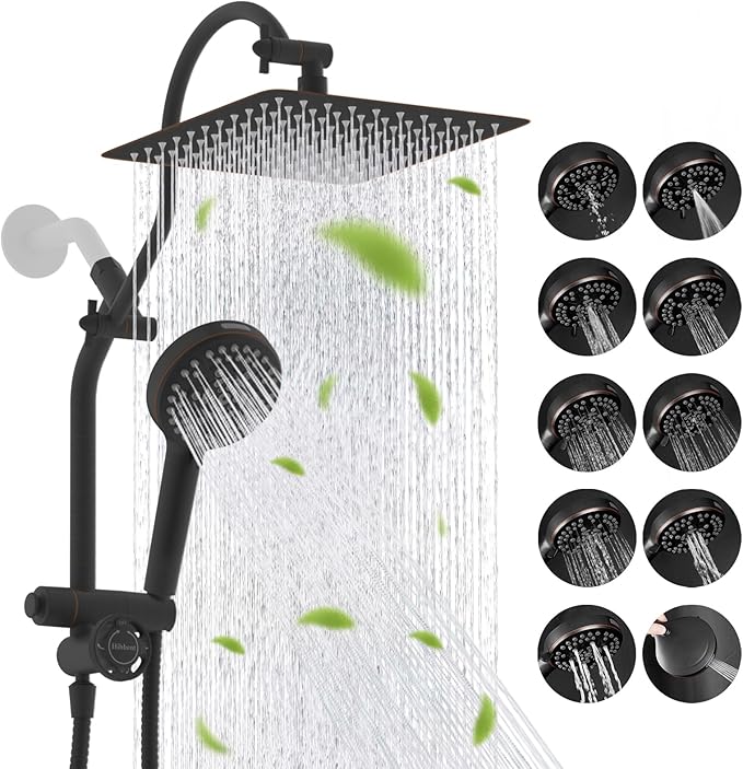 Hibbent cUPC Certified All Metal 10"Rainfall Showerhead Combo, High Pressure Shower Head with 10-Spray Mode Handheld, Innovative 4-way Diverter with Pause Mode, 71'' Hose and Holder, Oil Rubbed Bronze