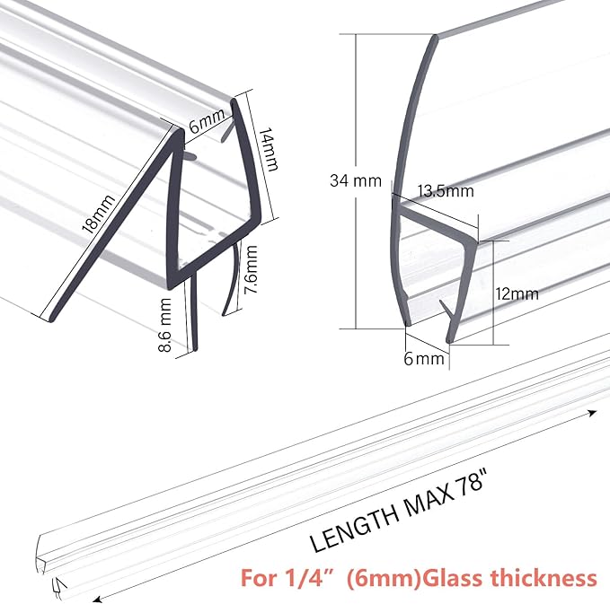 Shower Door Bottom&Side Seal Set 3PCS, 78" (1981mm) Length H-Type PVC Strip for 1/4" (6mm) Thick Frameless Glass Door, to Stop Water Leaks