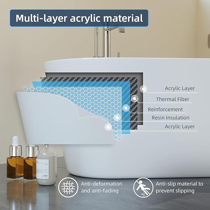 67'' Acrylic Freestanding Bathtub, Modern Soaking Tub, Deep Upright Bath, Non-Slip, cUPC Certified, Chrome Drain, Easy Clean, Spa Experience for Contemporary Bathroom Design