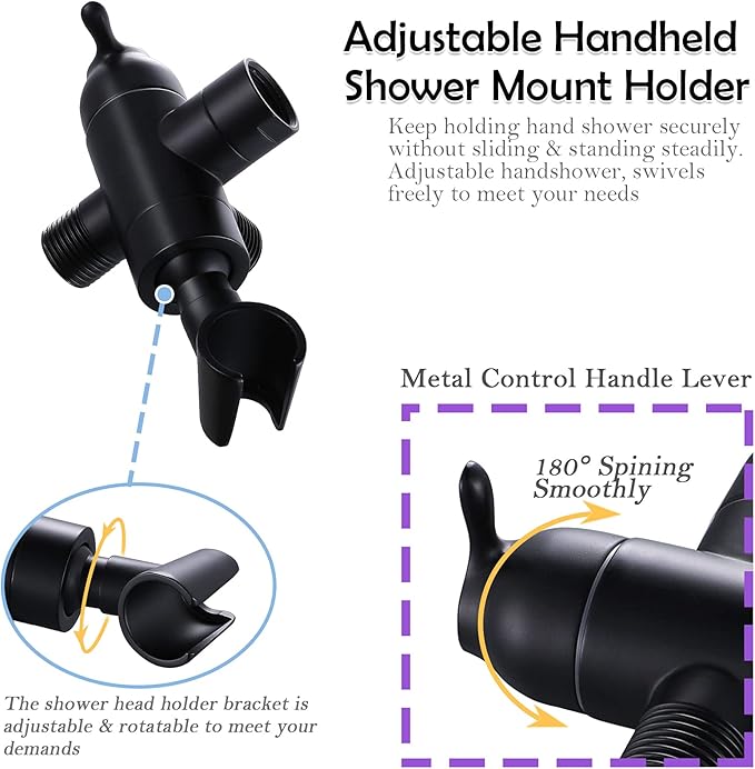 Shower Arm Diverter with Handshower Mount, G1/2 Brass 3 Way Shower Diverter Valve Bathroom Universal Shower System Replacement for Handheld Shower and Fixed Shower Head(Matte Black)