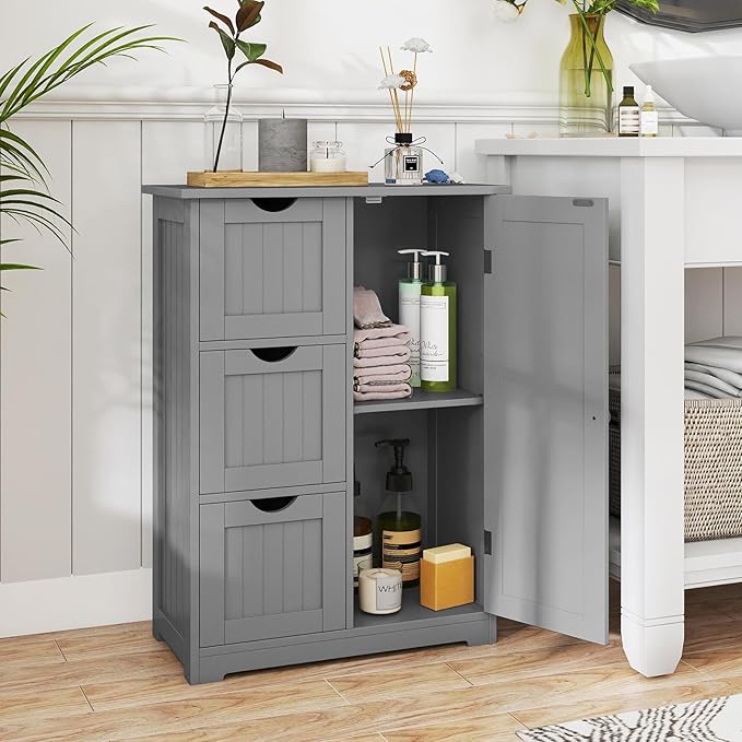Tangkula Bathroom Floor Cabinet, Freestanding Storage Cabinet with 3 Drawers & Single Door, Adjustable Shelf, Multipurpose Bathroom Storage for Home Office, 23.5 x 12 x 32 Inches (3 Drawers, Grey)